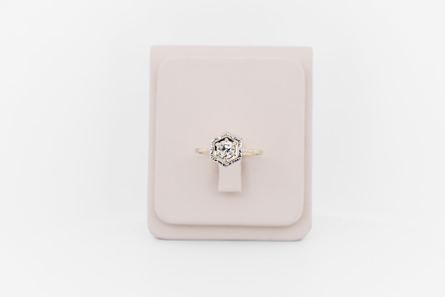 Art Deco Yellow Gold Hexagon Engagement Ring with Old Euro Cut Diamond