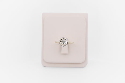 Art Deco Yellow Gold Hexagon Engagement Ring with Old Euro Cut Diamond