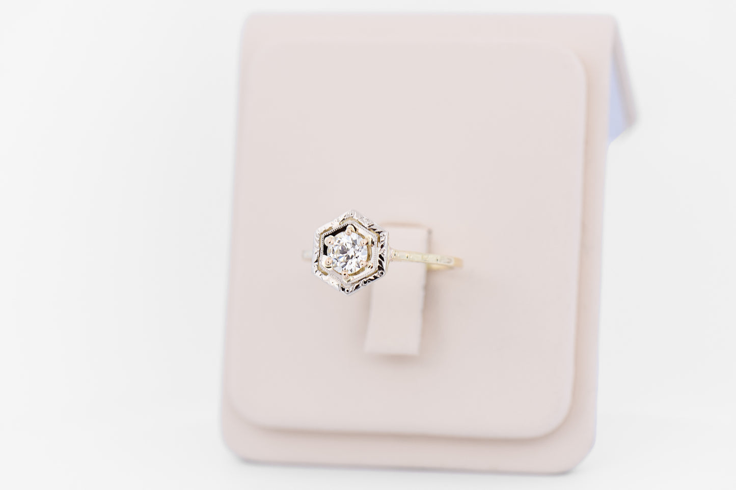 Art Deco Yellow Gold Hexagon Engagement Ring with Old Euro Cut Diamond