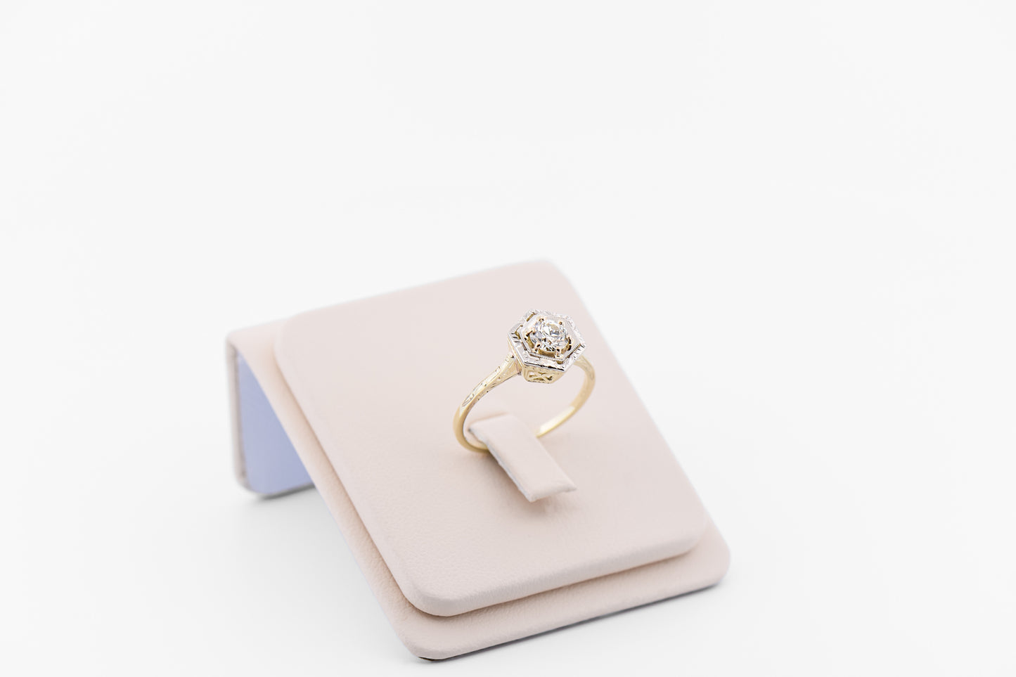 Art Deco Yellow Gold Hexagon Engagement Ring with Old Euro Cut Diamond