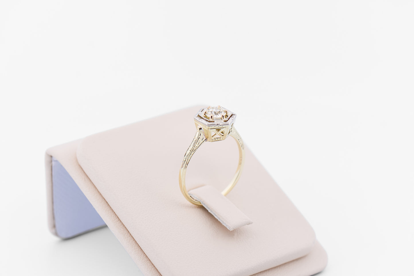 Art Deco Yellow Gold Hexagon Engagement Ring with Old Euro Cut Diamond