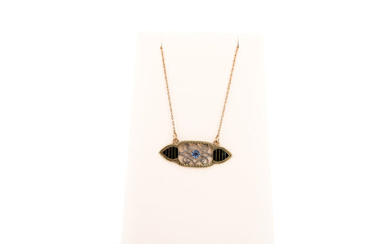 Art Deco Yellow Gold Necklace with Black Enamel & Yogo Sapphire - Riker Brothers