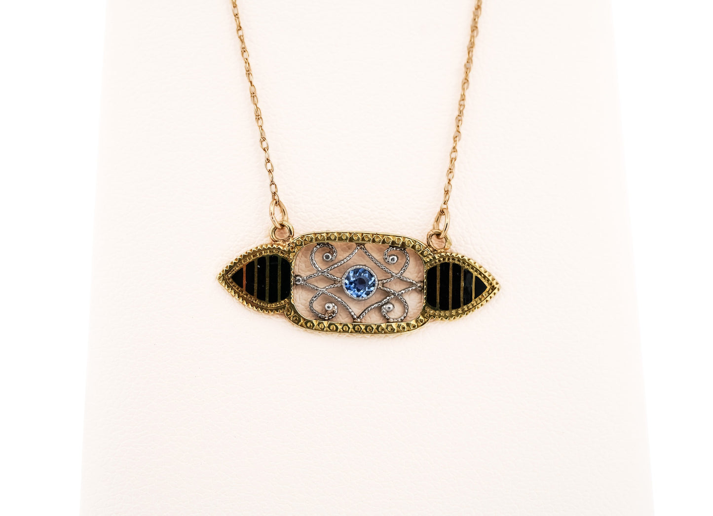 Art Deco Yellow Gold Necklace with Black Enamel & Yogo Sapphire - Riker Brothers