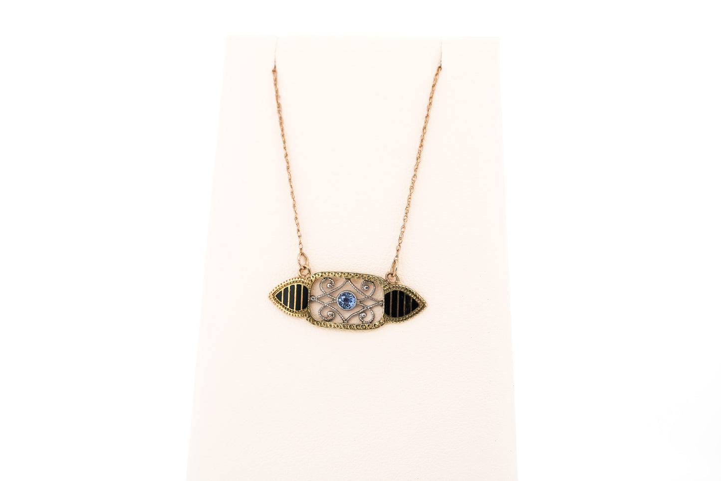 Art Deco Yellow Gold Necklace with Black Enamel & Yogo Sapphire - Riker Brothers