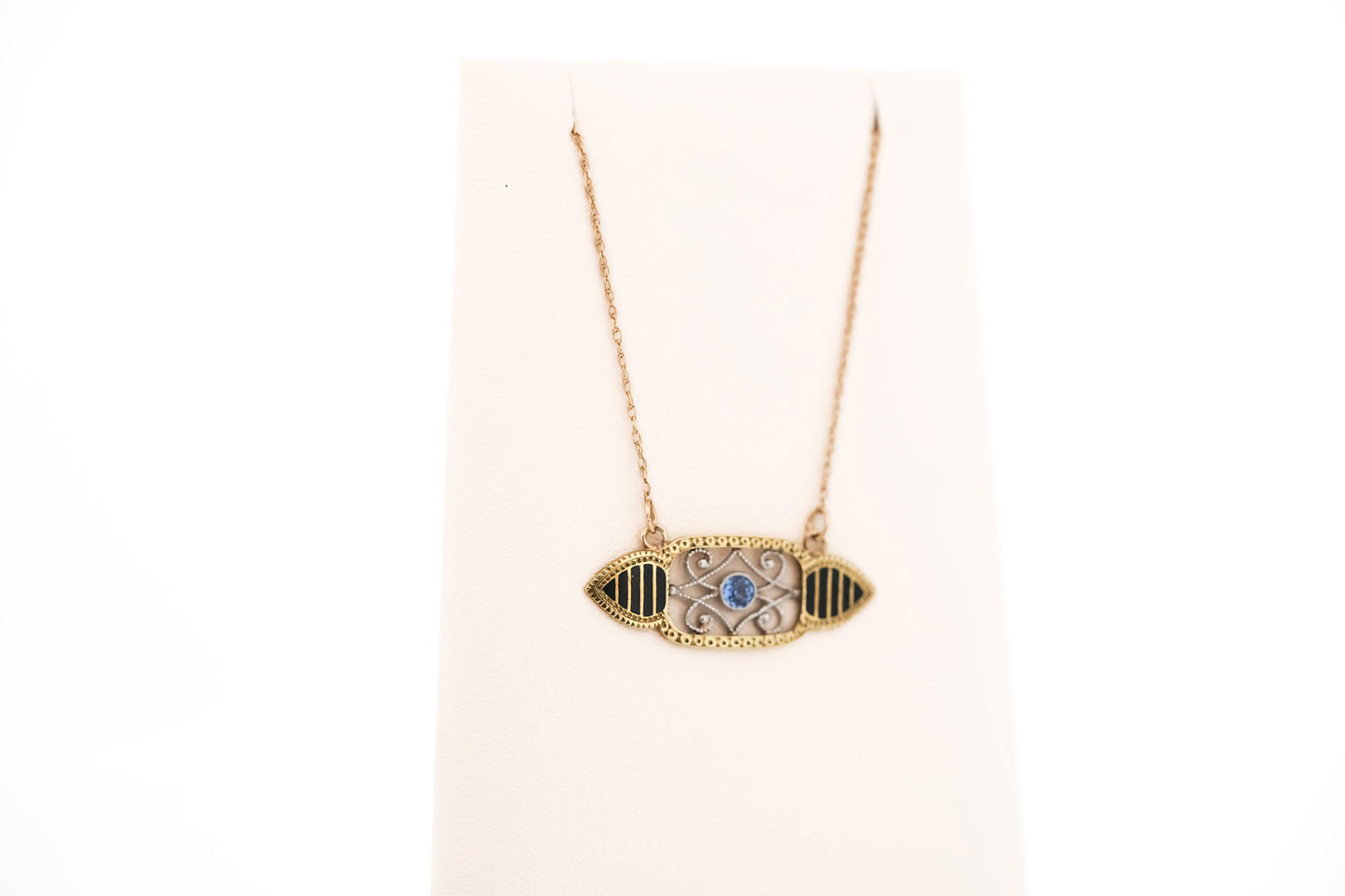 Art Deco Yellow Gold Necklace with Black Enamel & Yogo Sapphire - Riker Brothers