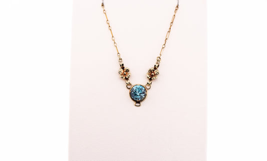 Art Deco Yellow Gold Necklace with Blue Zircon & Flower Accents