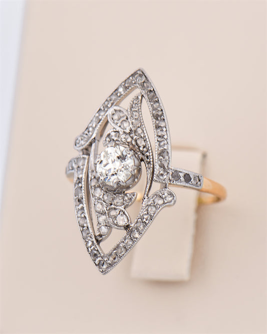 Art Nouveau Diamond Navette Ring in Platinum & Yellow Gold