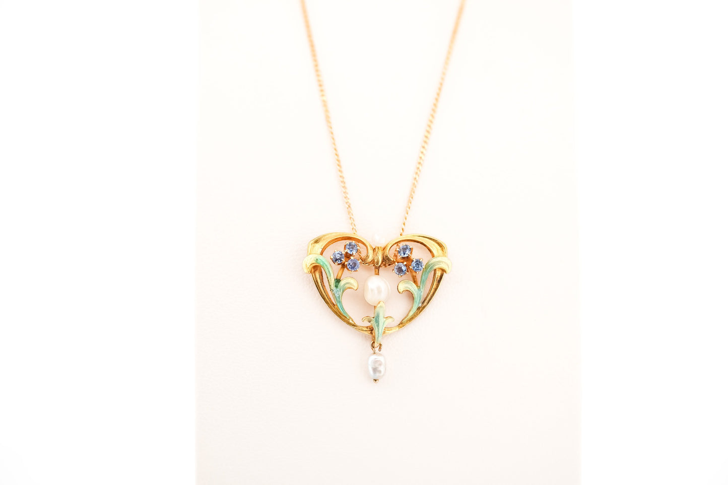 Art Nouveau Enameled Gold Necklace with Pearls & Yogo Sapphires