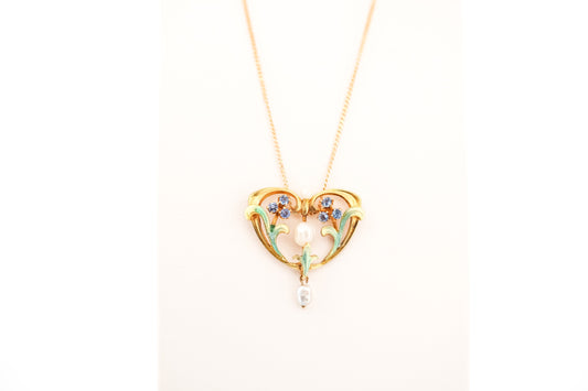 Art Nouveau Enameled Gold Necklace with Pearls & Yogo Sapphires