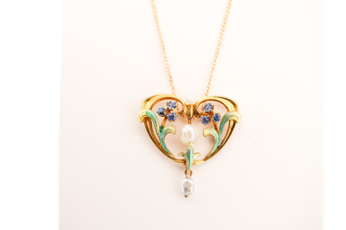 Art Nouveau Enameled Gold Necklace with Pearls & Yogo Sapphires