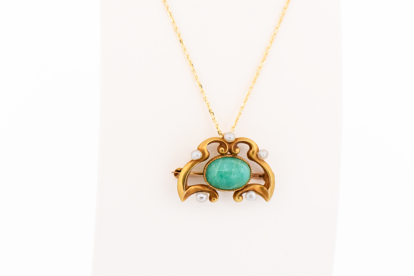 Art Nouveau Gold Pendant Brooch Combo Set with Amazonite & Pearls