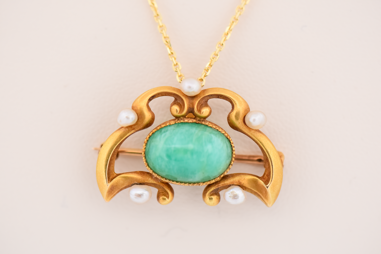Art Nouveau Gold Pendant Brooch Combo Set with Amazonite & Pearls