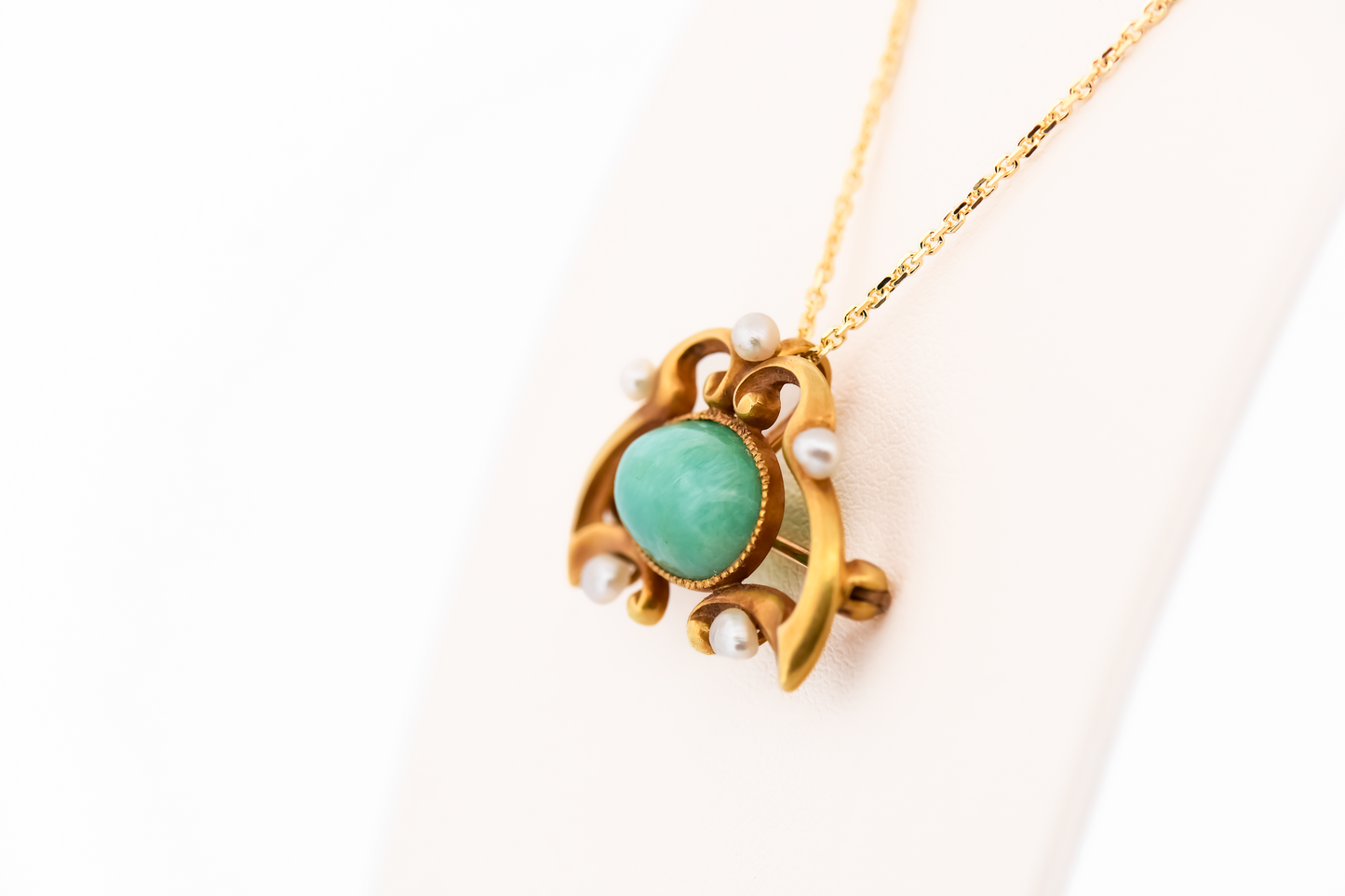 Art Nouveau Gold Pendant Brooch Combo Set with Amazonite & Pearls