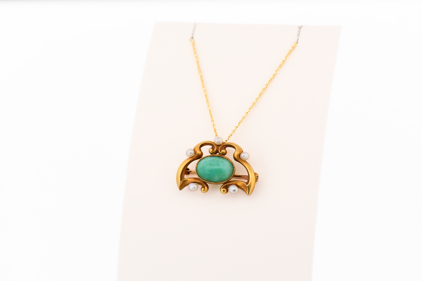 Art Nouveau Gold Pendant Brooch Combo Set with Amazonite & Pearls
