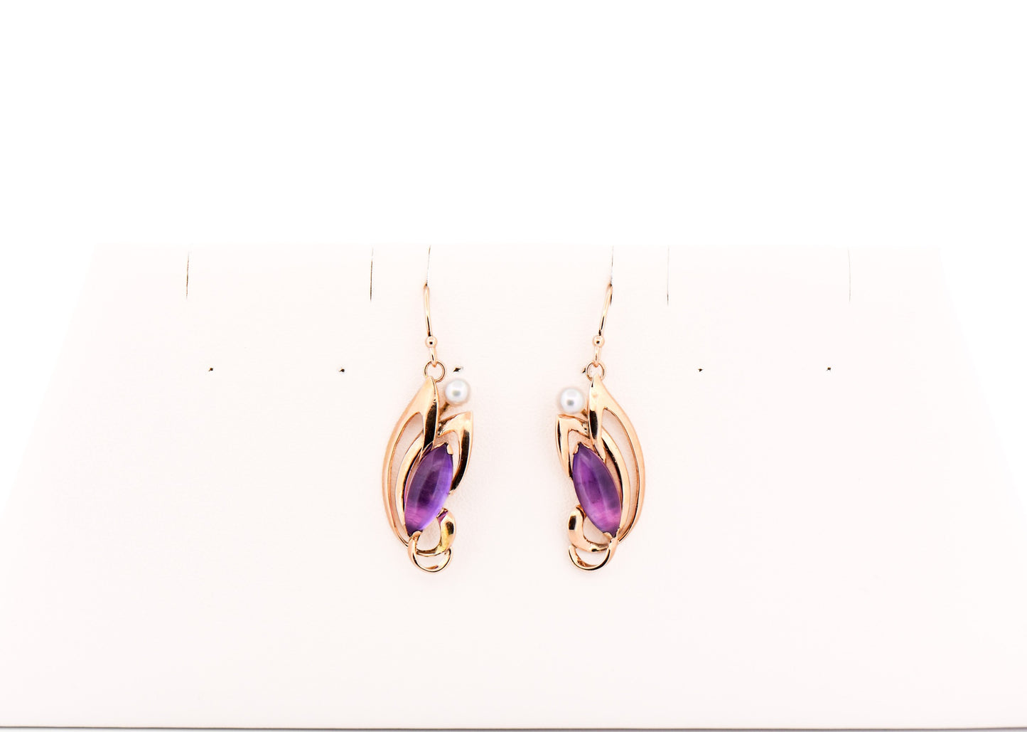 Art Nouveau Inspired Cabochon Amethyst & Pearl Drop Earrings in Yellow Gold