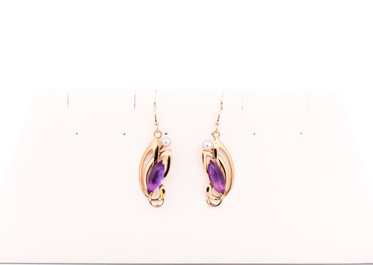 Art Nouveau Inspired Cabochon Amethyst & Pearl Drop Earrings in Yellow Gold
