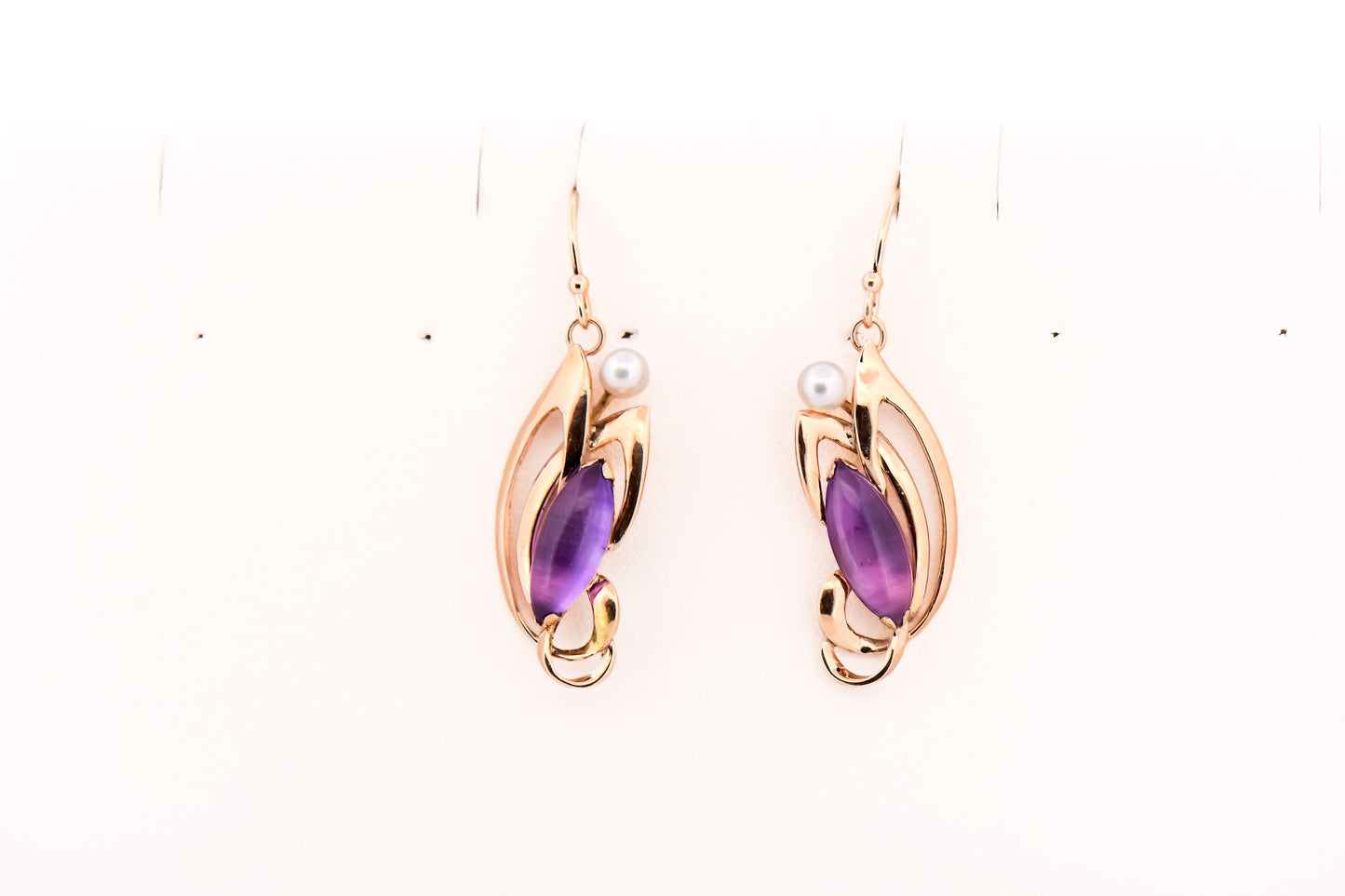 Art Nouveau Inspired Cabochon Amethyst & Pearl Drop Earrings in Yellow Gold