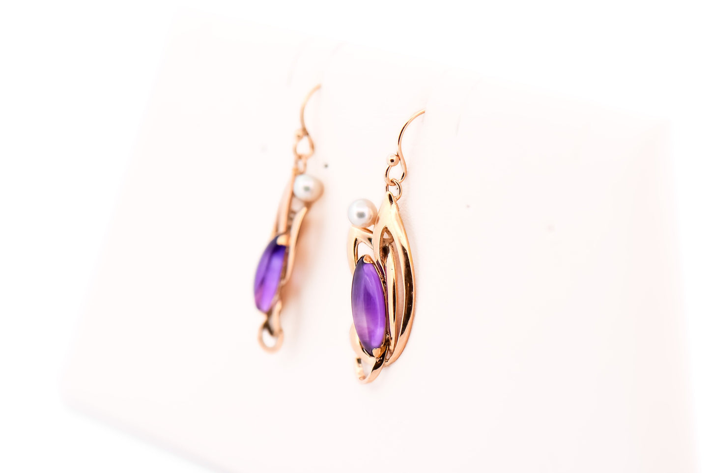 Art Nouveau Inspired Cabochon Amethyst & Pearl Drop Earrings in Yellow Gold