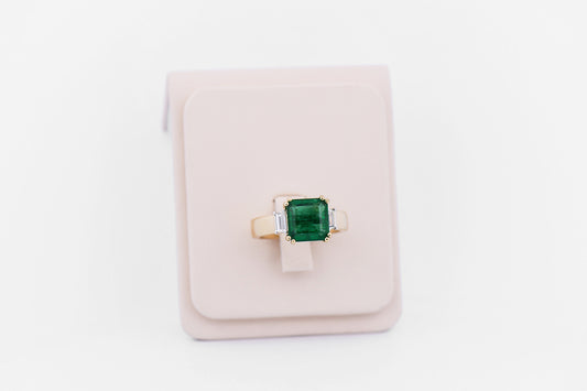 Asscher Cut Zambian Emerald & Trapezoid Diamond 3-Stone Ring - Amazing!