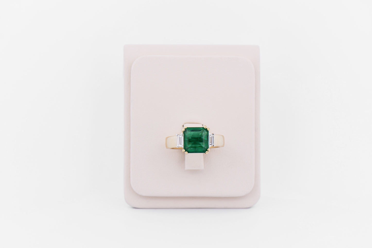 Asscher Cut Zambian Emerald & Trapezoid Diamond 3-Stone Ring - Amazing!