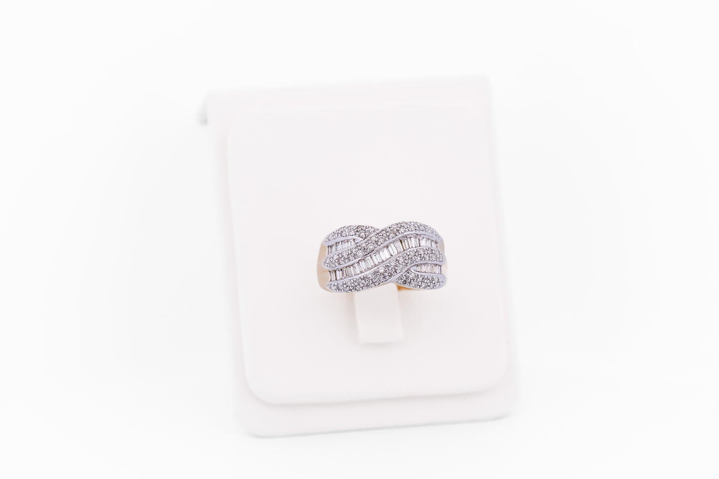 Baguette & Round Diamond Crossover Ring in 14k Two Tone Gold
