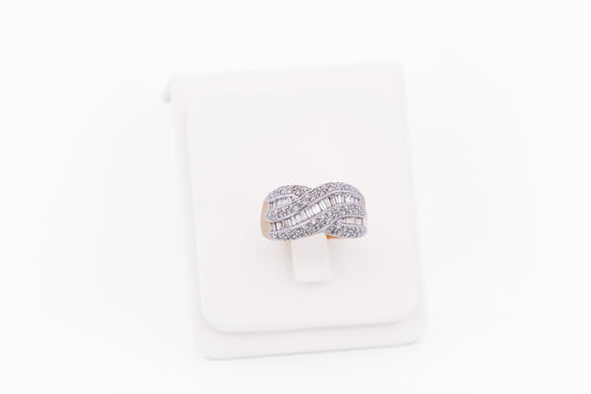 Baguette & Round Diamond Crossover Ring in 14k Two Tone Gold