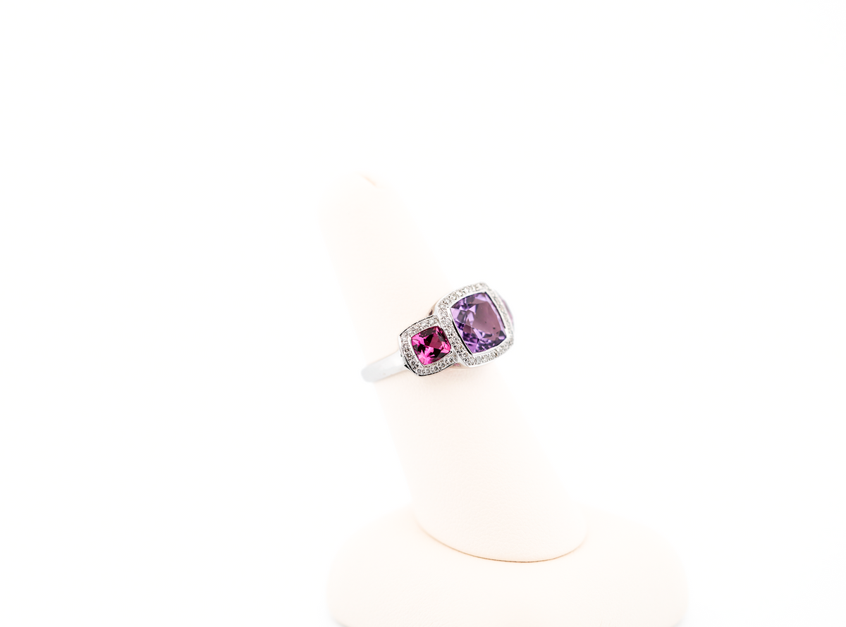 Bezel-Set Amethyst & Pink Tourmaline 3-Stone Ring with Diamond Accents