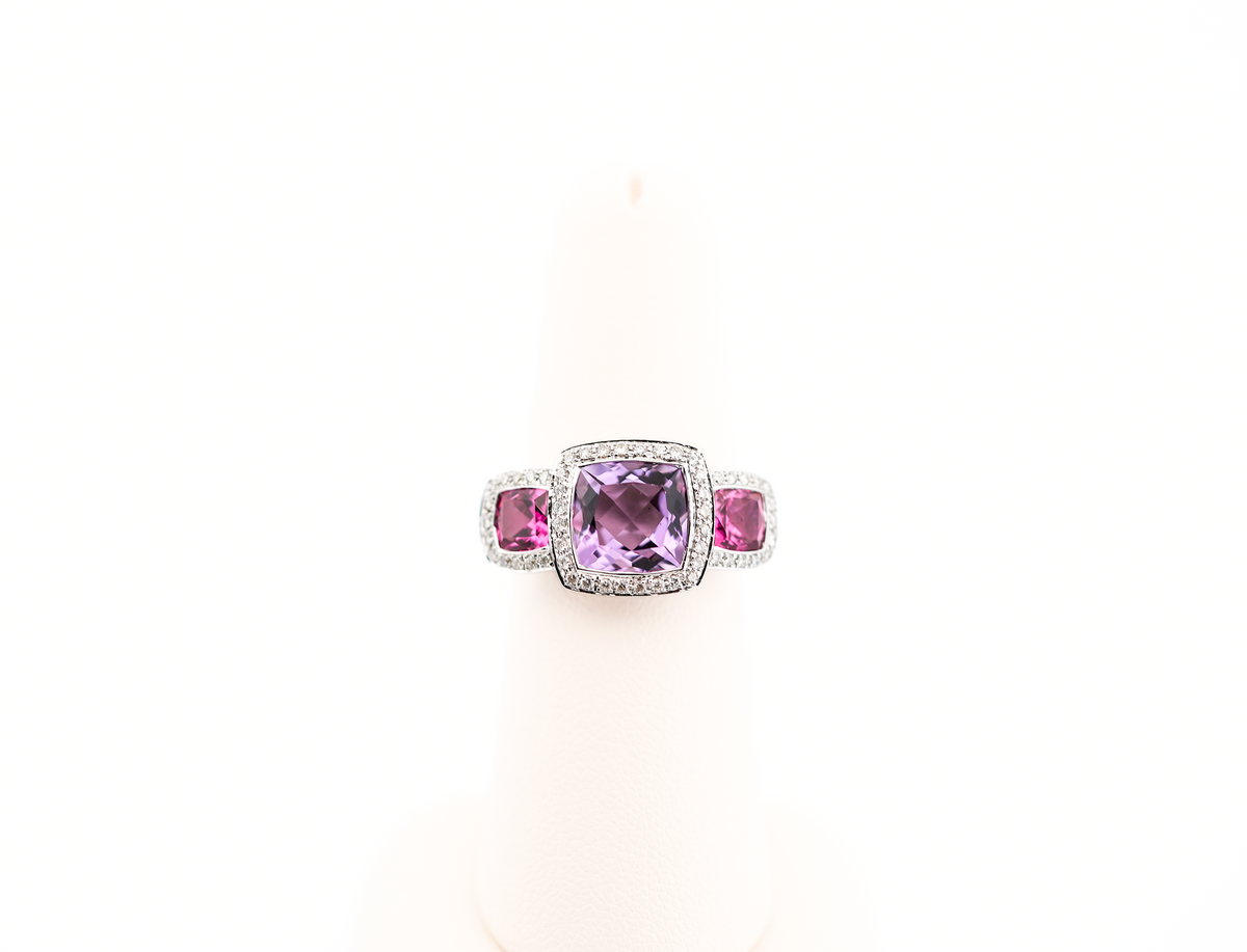 Bezel-Set Amethyst & Pink Tourmaline 3-Stone Ring with Diamond Accents
