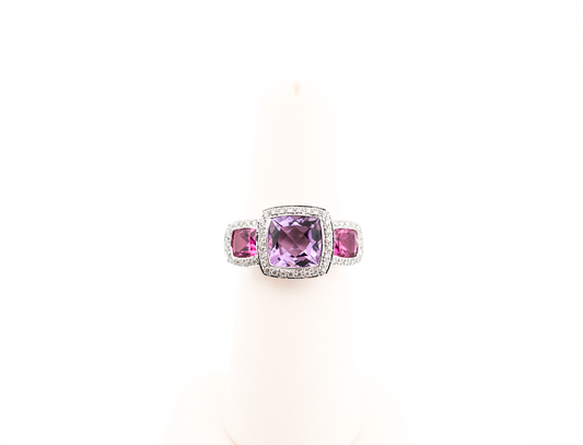 Bezel-Set Amethyst & Pink Tourmaline 3-Stone Ring with Diamond Accents