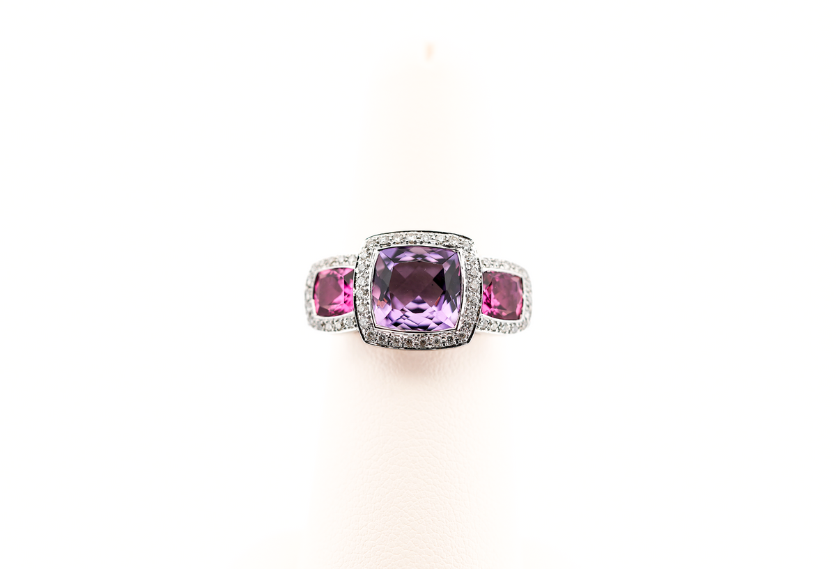 Bezel-Set Amethyst & Pink Tourmaline 3-Stone Ring with Diamond Accents