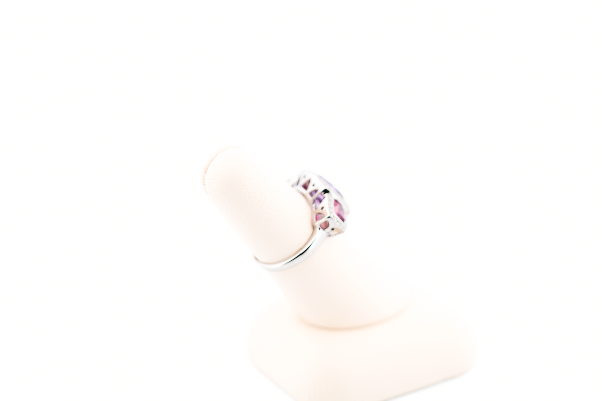 Bezel-Set Amethyst & Pink Tourmaline 3-Stone Ring with Diamond Accents