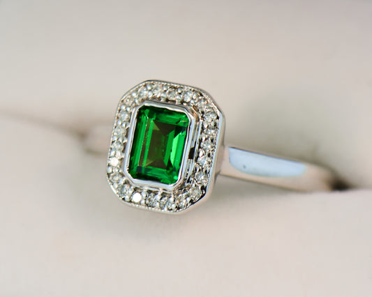 Bezel Set Emerald Cut Tsavorite Garnet & Diamond Ring