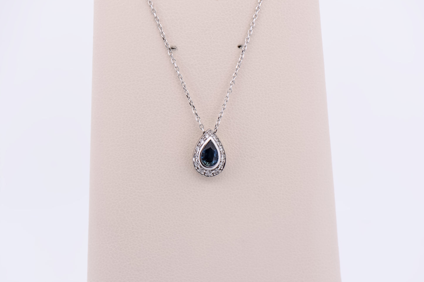 Bezel Set Pear Shape Sapphire & Diamond Pendant on Extendable Chain