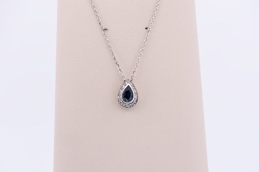 Bezel Set Pear Shape Sapphire & Diamond Pendant on Extendable Chain