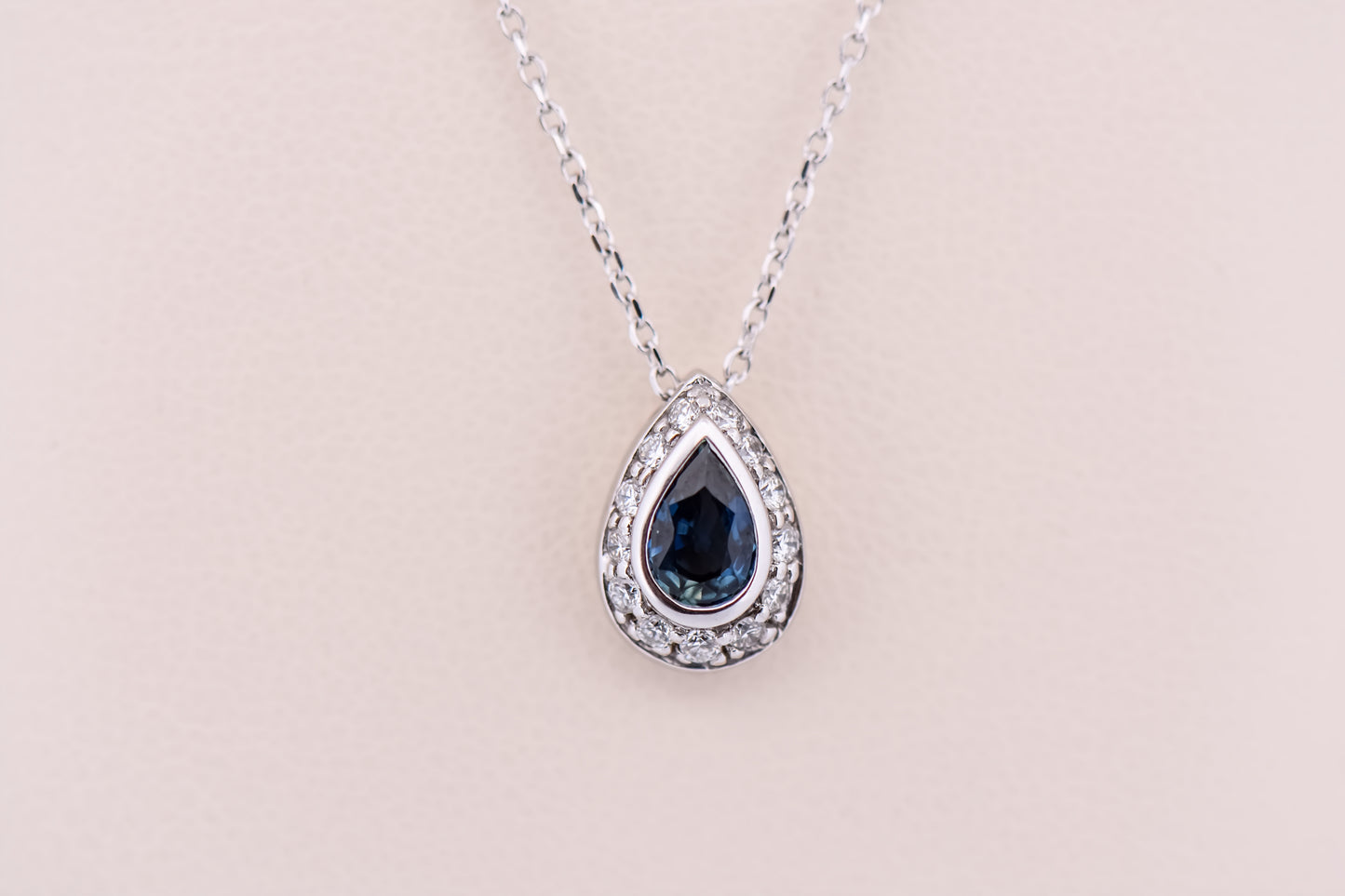 Bezel Set Pear Shape Sapphire & Diamond Pendant on Extendable Chain