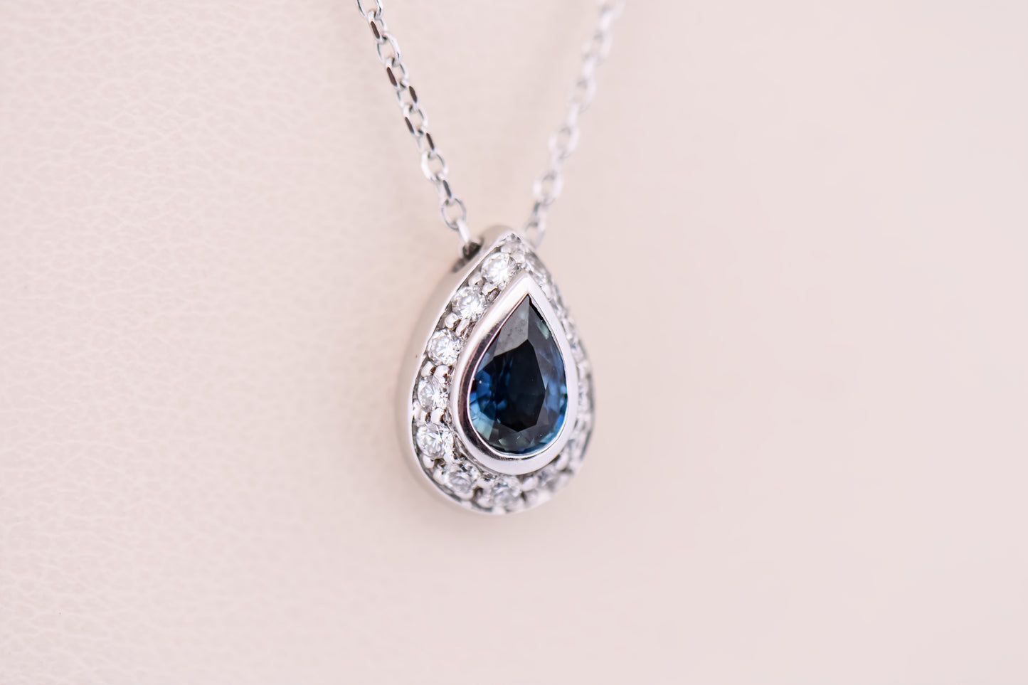 Bezel Set Pear Shape Sapphire & Diamond Pendant on Extendable Chain