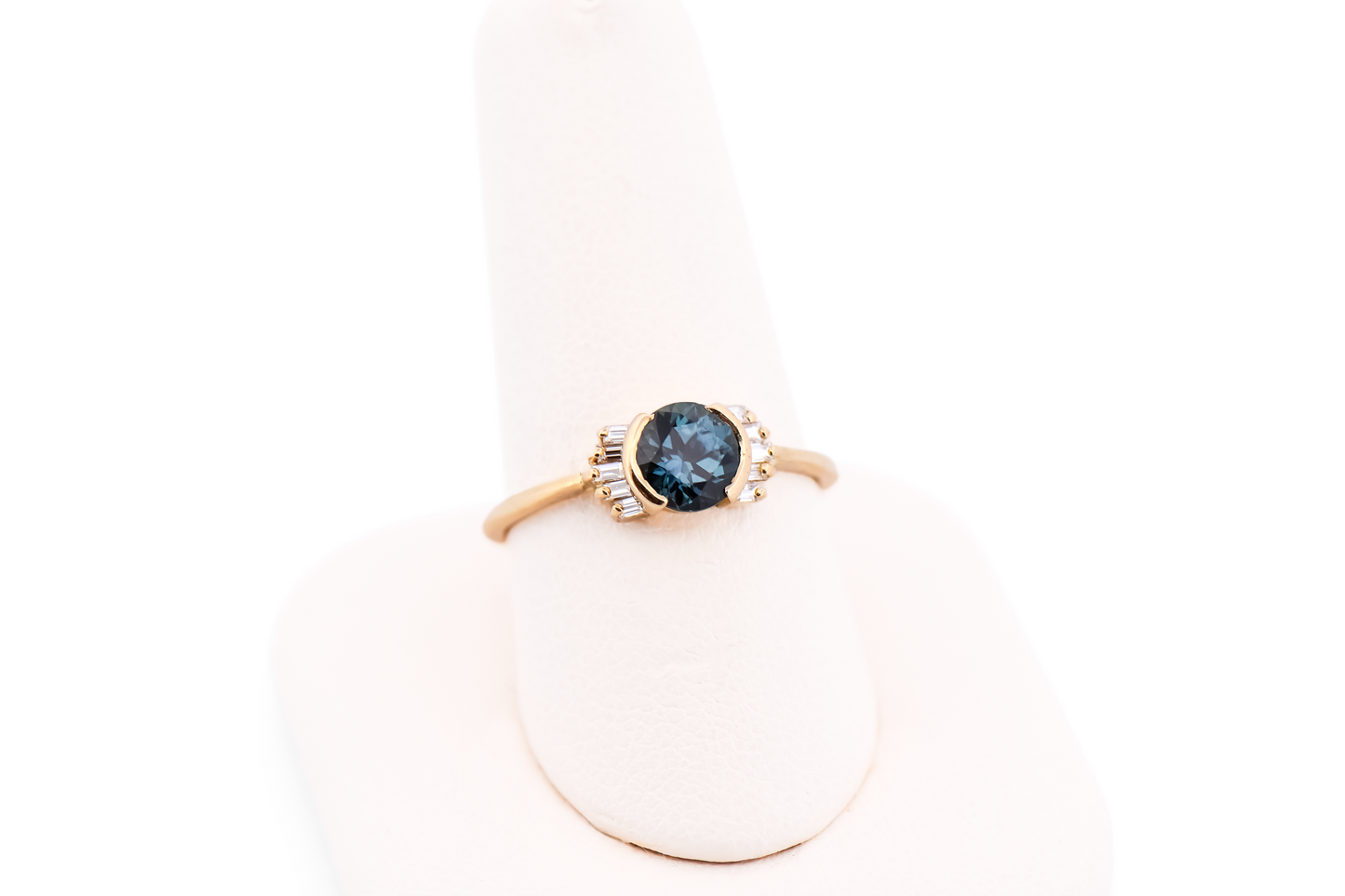 Bezel-Set Teal Montana Sapphire Engagement Ring with Baguette Diamonds