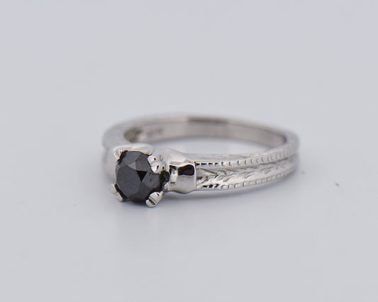 Black Diamond Solitaire Ring with Engraved Band