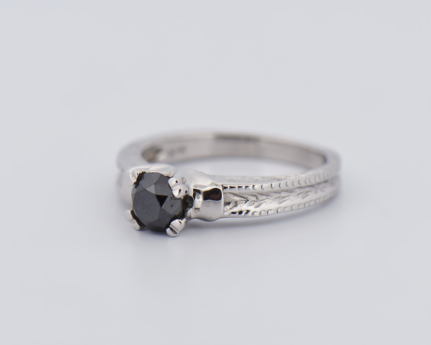 Black Diamond Solitaire Ring with Engraved Band