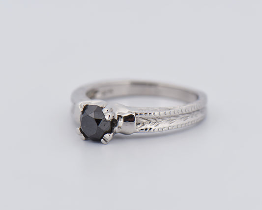Black Diamond Solitaire Ring with Engraved Band