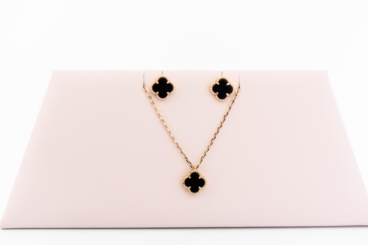 Black Onyx Alhambra Necklace & Earring Set in Yellow Gold