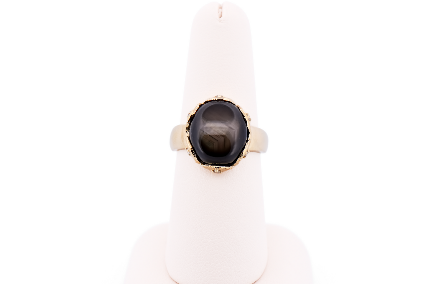 Black Star Sapphire Ring in Scalloped Yellow Gold Bezel