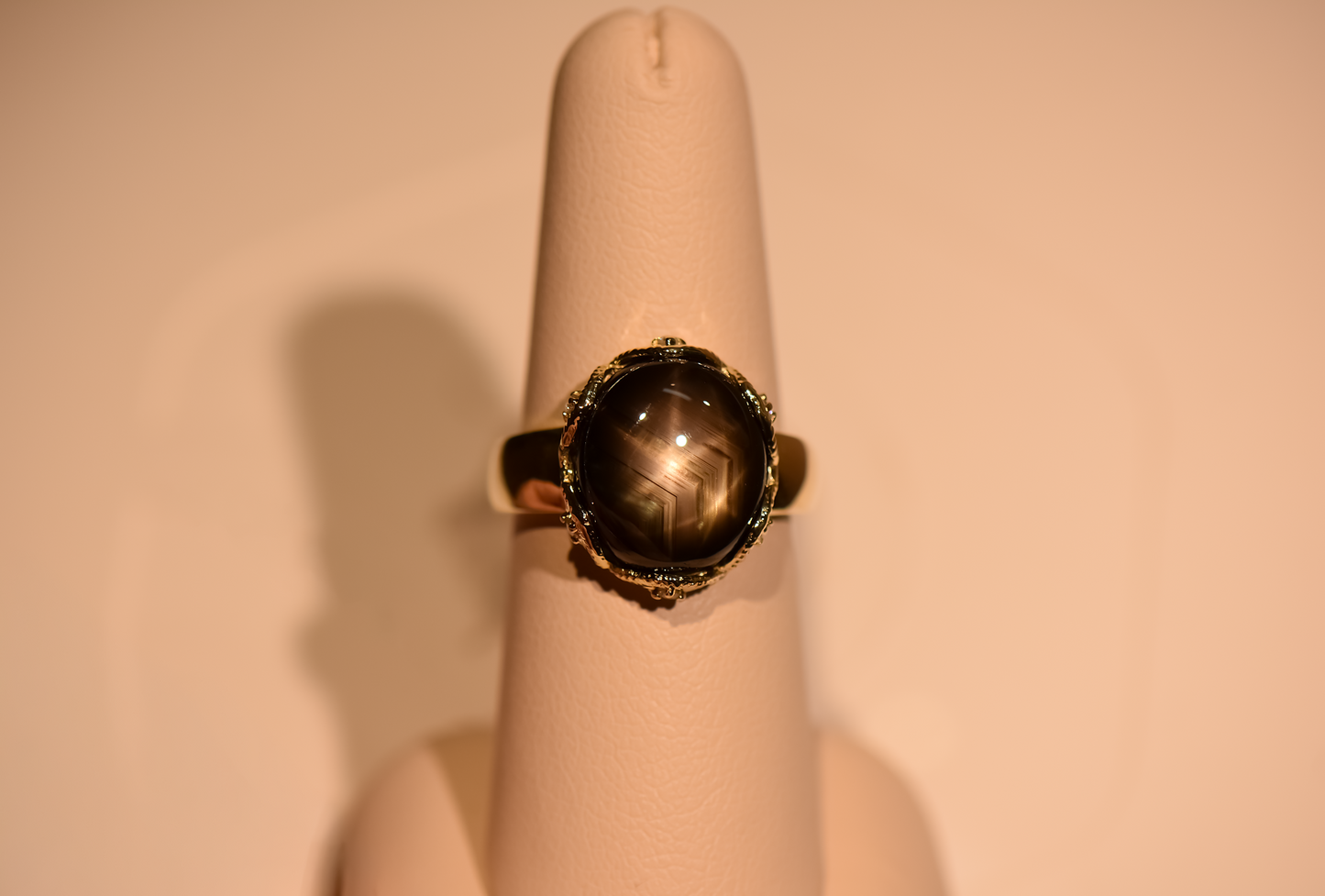 Black Star Sapphire Ring in Scalloped Yellow Gold Bezel