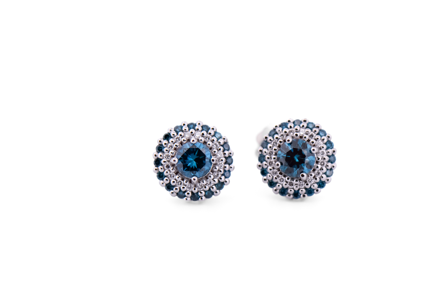 Blue Diamond Halo Stud Earrings in White Gold