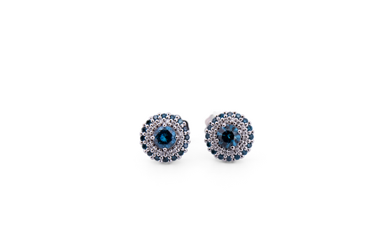 Blue Diamond Halo Stud Earrings in White Gold
