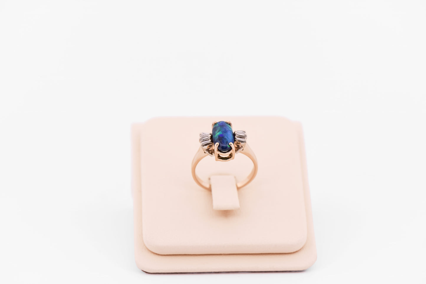 Blue-Green Black Opal Engagement Ring with Baguette Diamonds