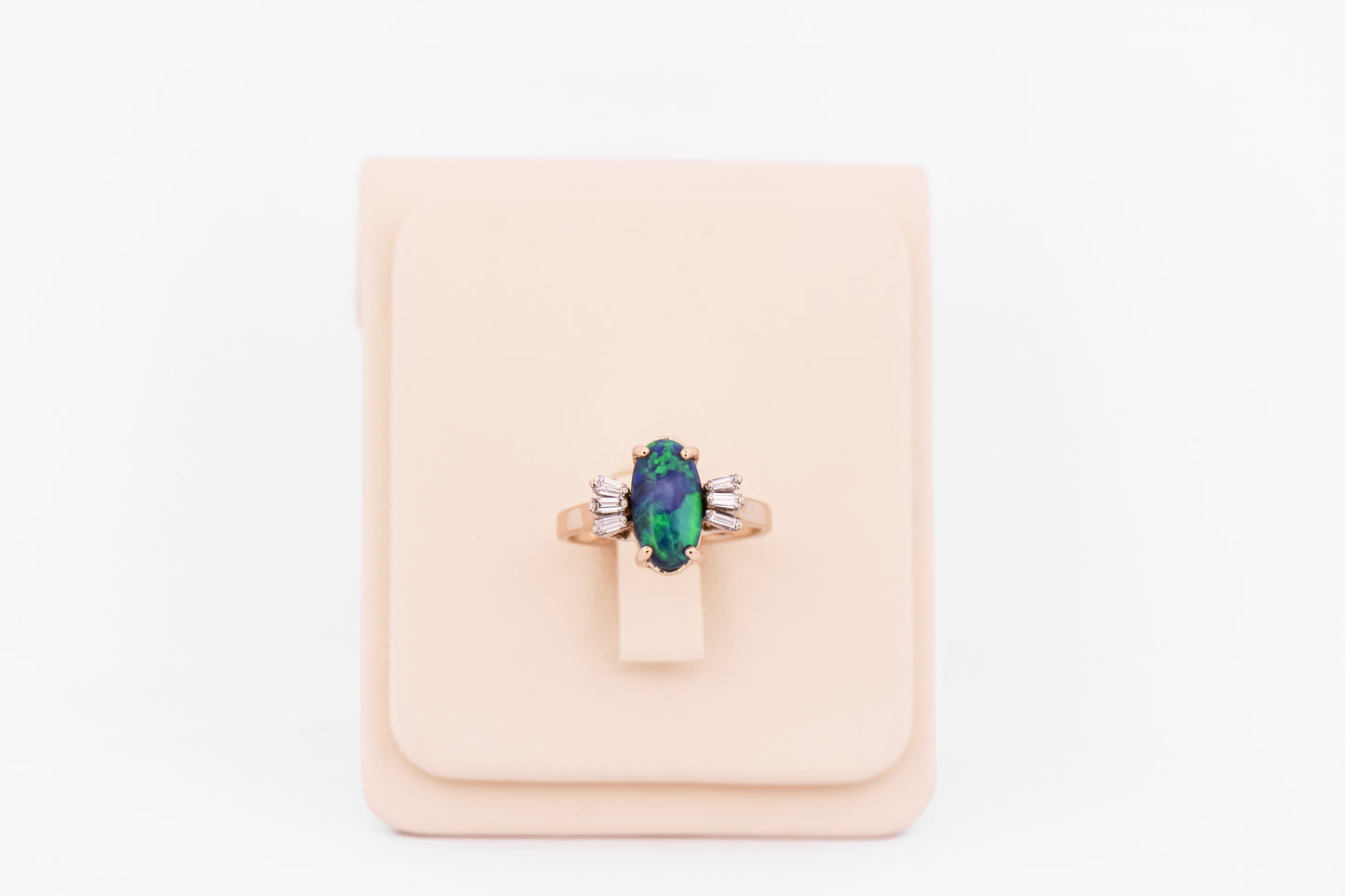 Blue-Green Black Opal Engagement Ring with Baguette Diamonds