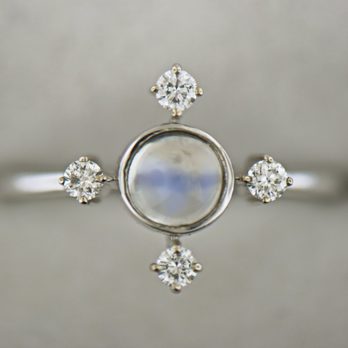 Blue Moonstone & Diamond Compass Ring in White Gold