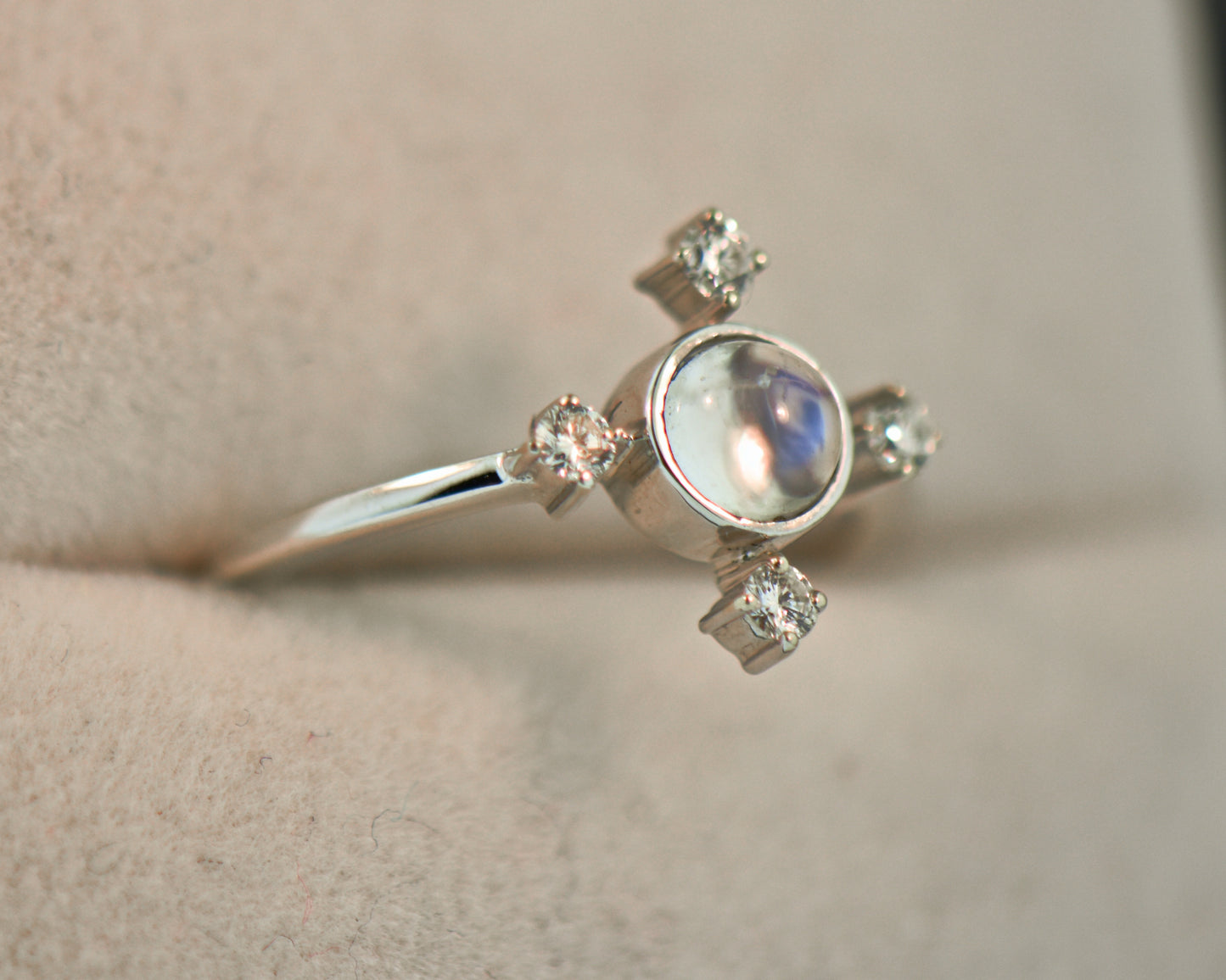 Blue Moonstone & Diamond Compass Ring in White Gold