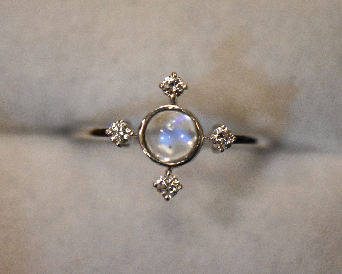 Blue Moonstone & Diamond Compass Ring in White Gold